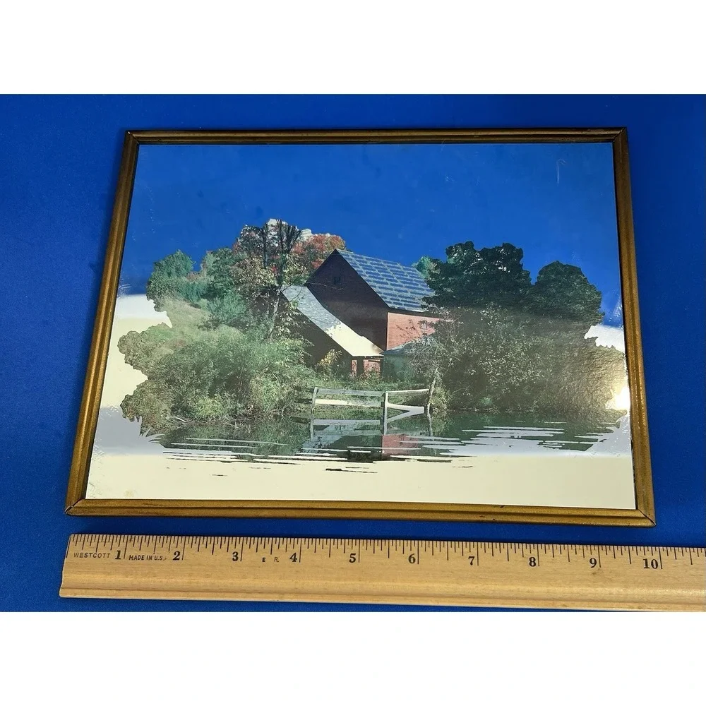Vintage Framed Copper Plated  Mirror Red Faded  Barn with Fence